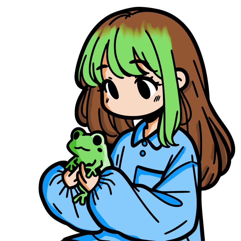 girl with long hair and a oversized shirt. and she is holding a frog