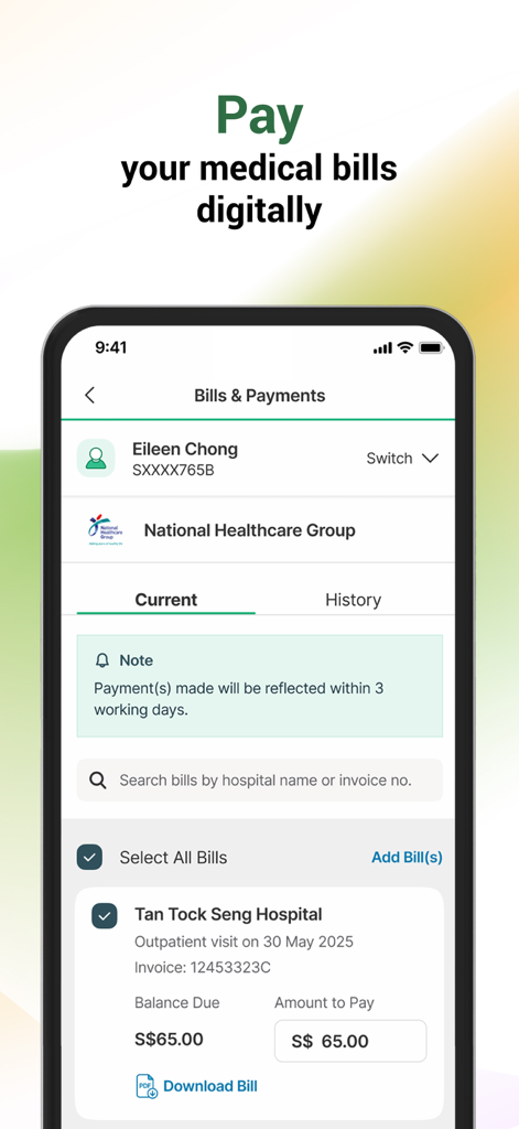 HealthHub SG app screen showing the Bills and Payments interface to pay medical bills digitally for Singapore healthcare institutions.