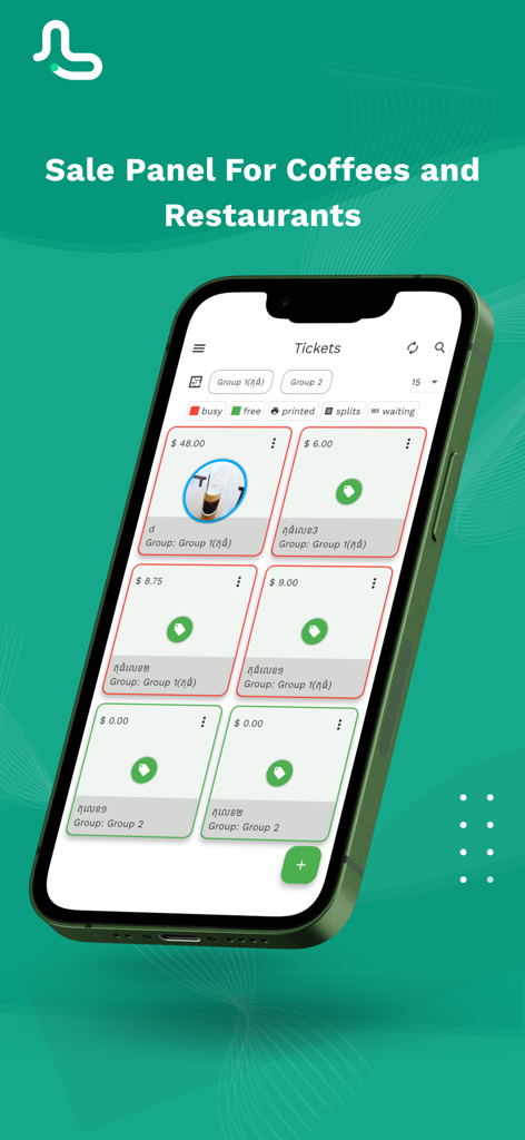 La aplicación MyLekha POS mostrando el panel de ventas y la gestión de tickets para restaurantes y cafeterías