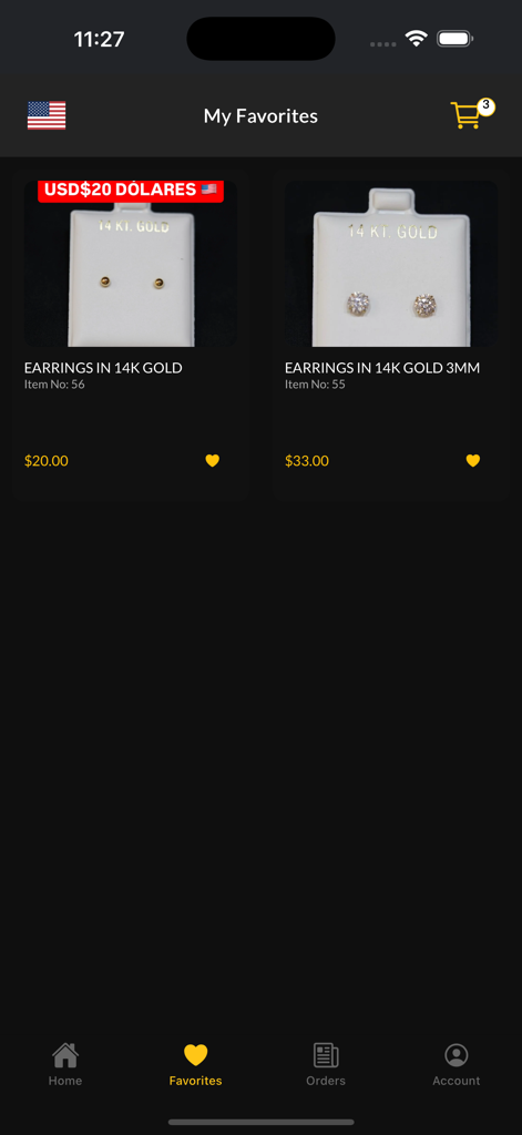 El Goldo Oro - Mobile app screen displaying favorite 14K gold earrings in the El Goldo Oro jewelry app.