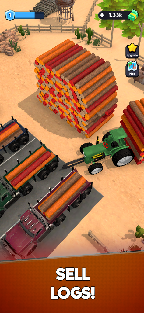 A green tractor loading harvested wood onto transport trucks to sell logs and grow the lumber empire