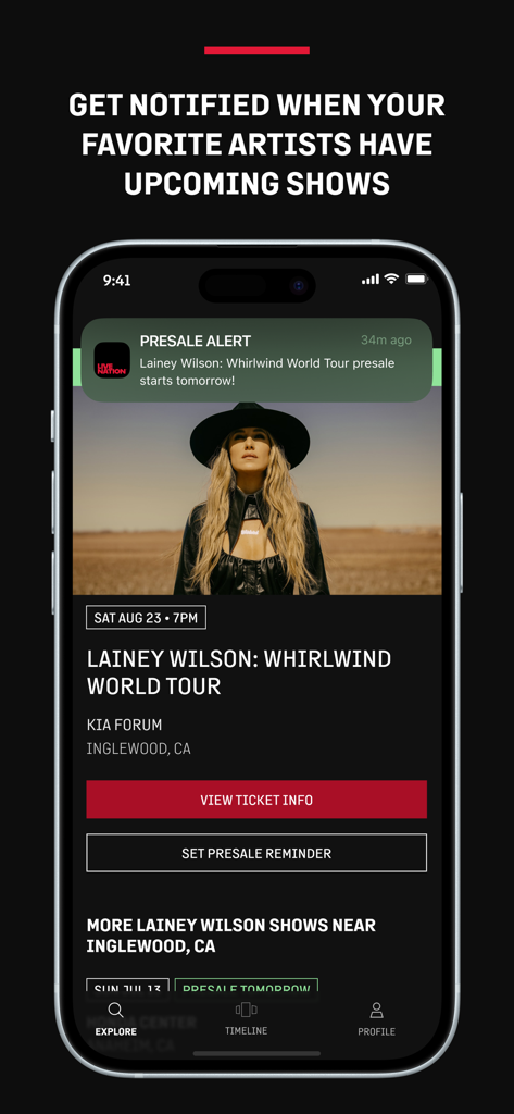 Live Nation – For Concert Fans - Un smartphone que muestra una notificación de la aplicación Live Nation para una alerta de preventa de conciertos de Lainey Wilson.