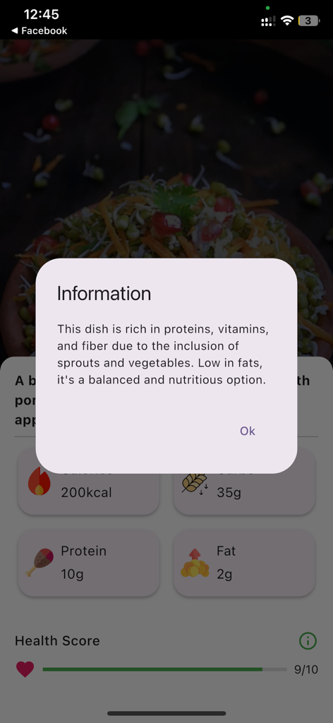 AI Calorie Counter - Tela do aplicativo Contador de Calorias por IA mostrando um resumo nutricional com calorias, macronutrientes e uma pontuação de saúde.