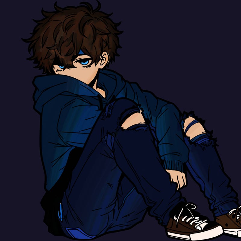a male hoddie ripped jeans messy hair anime