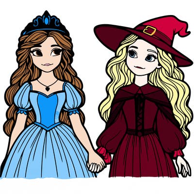 a princess and a witch holding hands realistic
