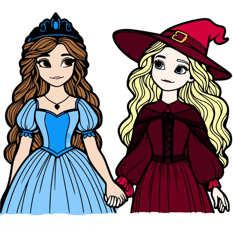 a princess and a witch holding hands realistic