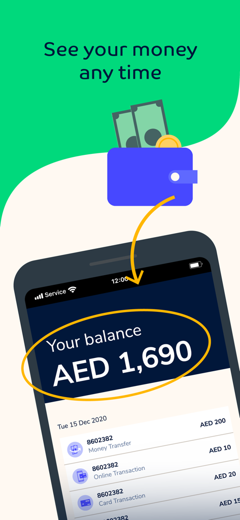 Mobile interface of the NOW Money app showing an account balance of 1,690 AED and recent transaction history.