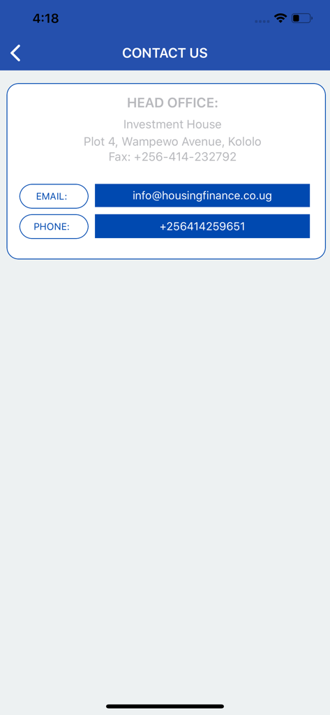 본사 주소, 이메일, 전화번호가 표시된 Housing Finance Bank Uganda 연락처 정보 화면