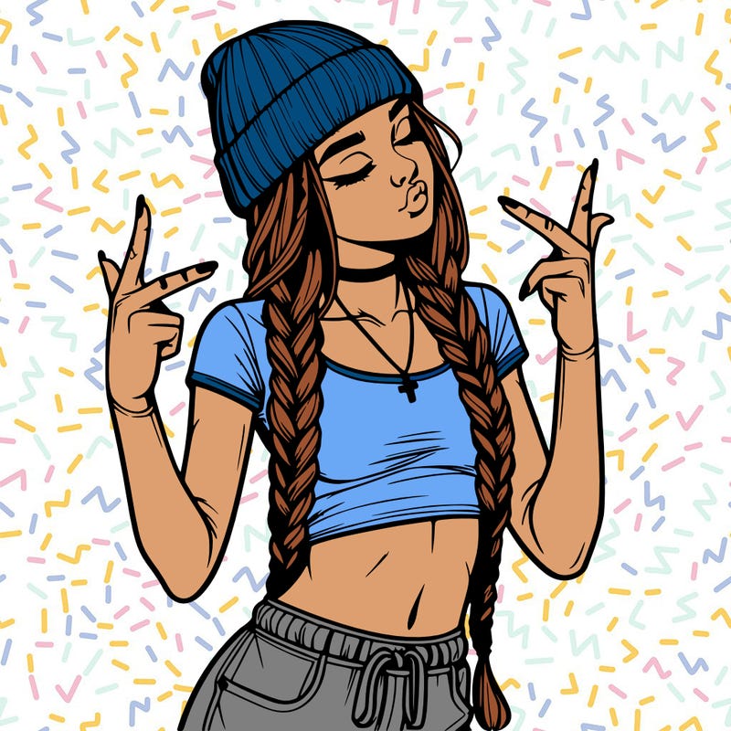 realistic teenage girl with braids and a beanie and crop top doing 🫶🏼