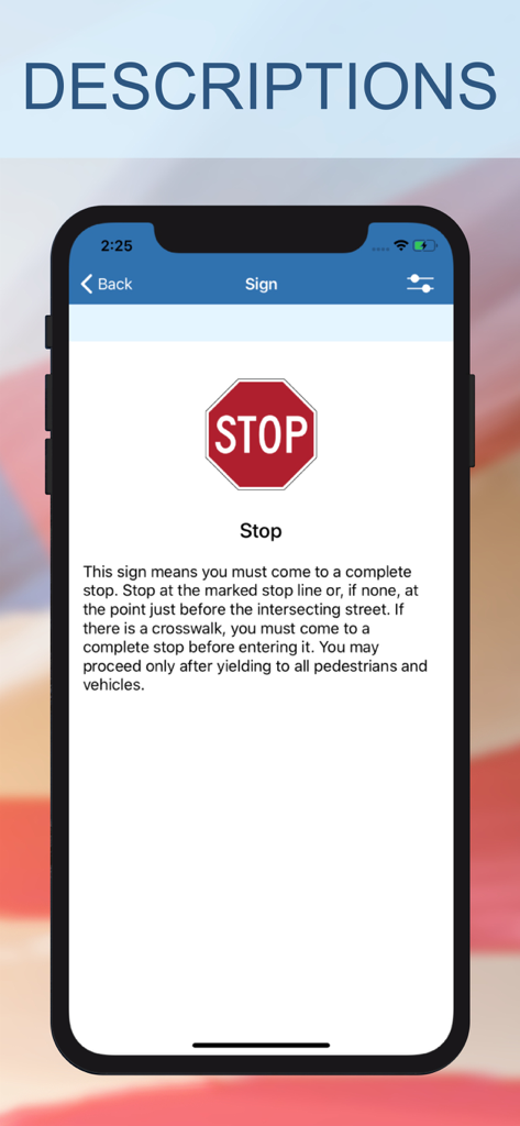 Capture d'écran d'une application de panneaux de signalisation américains affichant un panneau stop et ses règles de conduite légales.