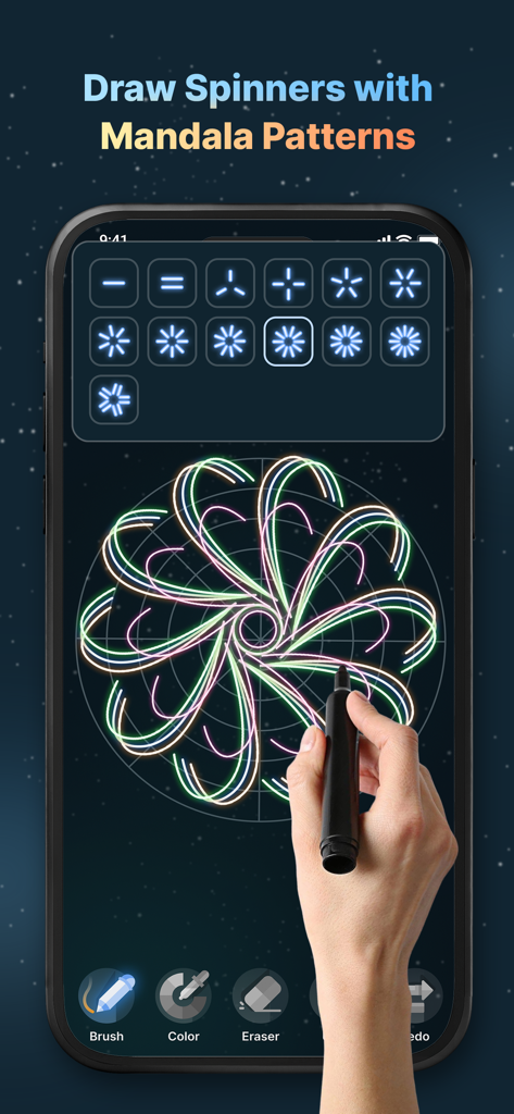 Finger Spinner: Neon Glow Art - Utente che crea un motivo artistico a mandala al neon luminoso su uno schermo di smartphone