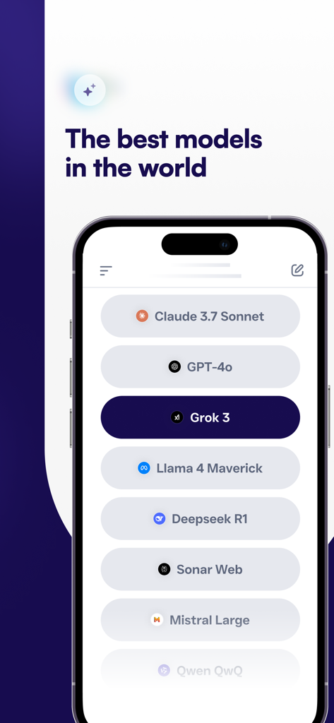 Mobile app interface displaying a list of top AI models including GPT-4o Claude 3.7 and Grok 3