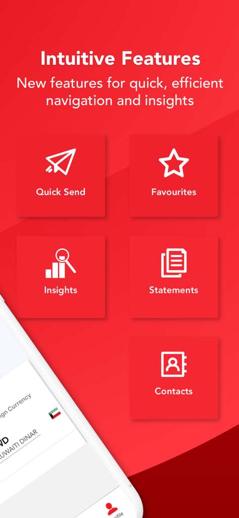 Al Muzaini app dashboard displaying quick send favorites insights statements and contacts features on a red background