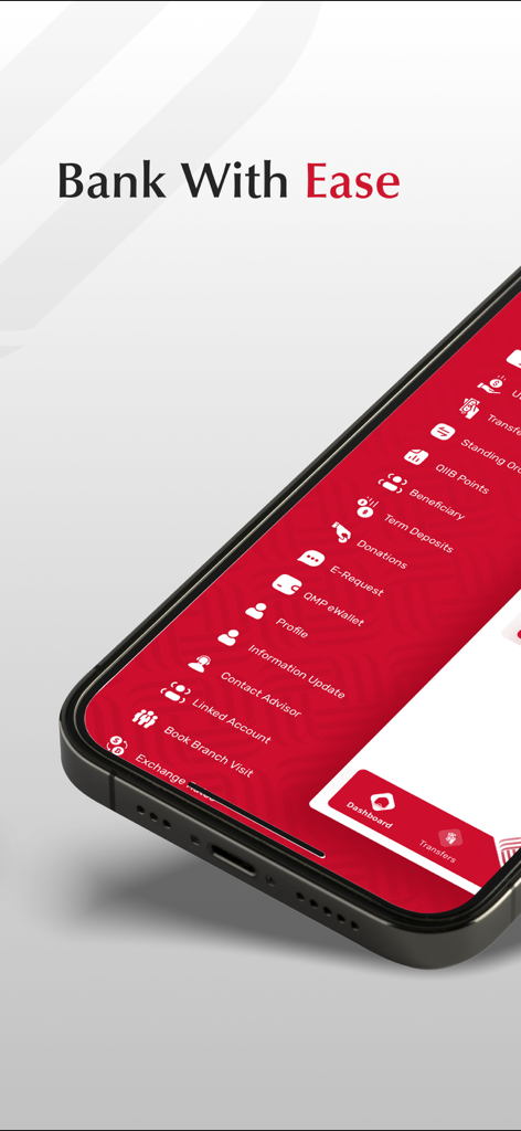 QIIB Mobile - A smartphone displaying the QIIB Mobile app interface with a comprehensive menu of banking services including transfers and account management
