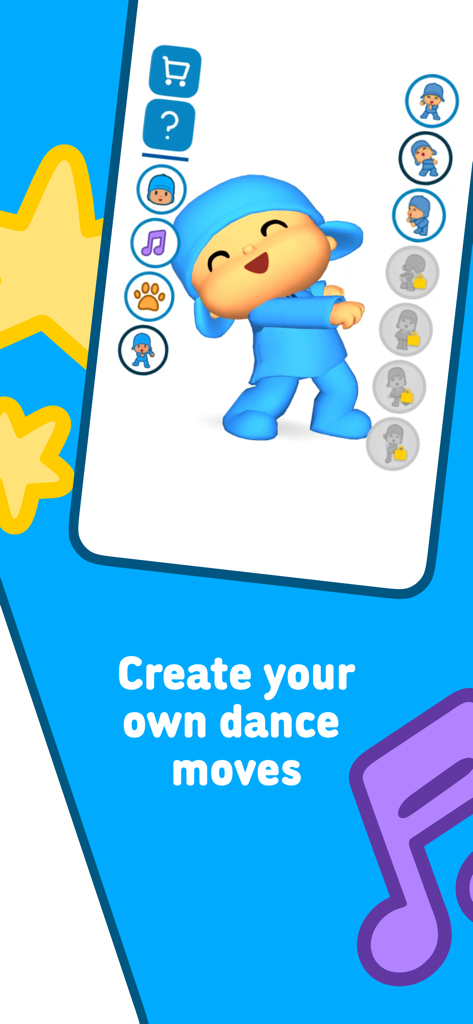 Talking Pocoyo - Personaje de Pocoyó realizando pasos de baile en la interfaz de la aplicación móvil Pocoyó Parlanchín