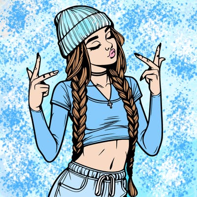 realistic teenage girl with braids and a beanie and crop top doing 🫶🏼