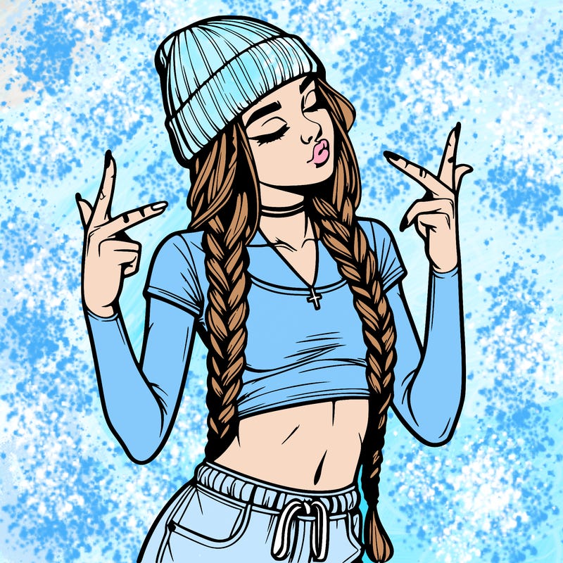realistic teenage girl with braids and a beanie and crop top doing 🫶🏼
