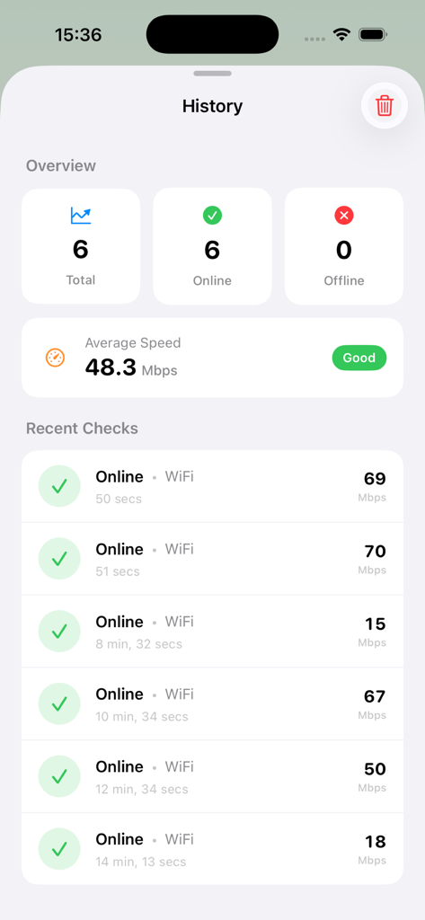 OnlineNow app interface showing connection history and average internet speed statistics