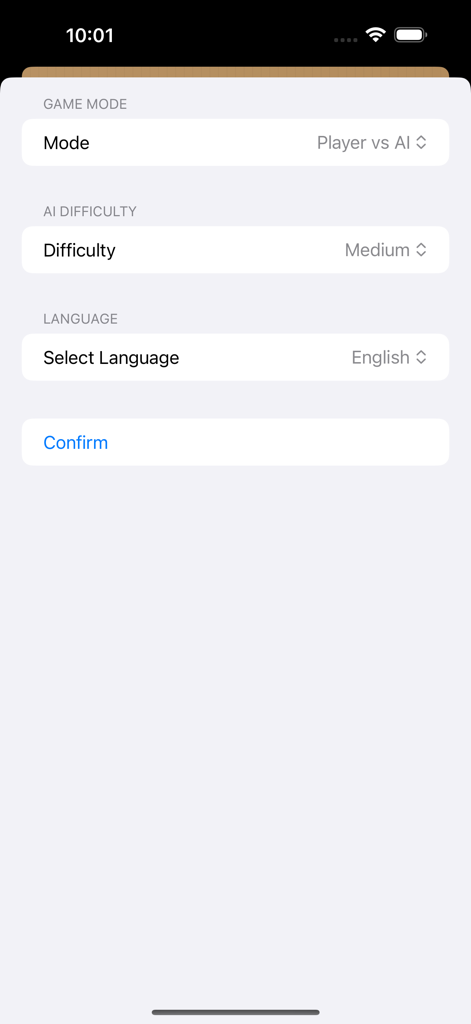 Gomoku Chess For Watch - Settings screen of Gomoku Chess For Watch featuring game mode, difficulty, and language selections.