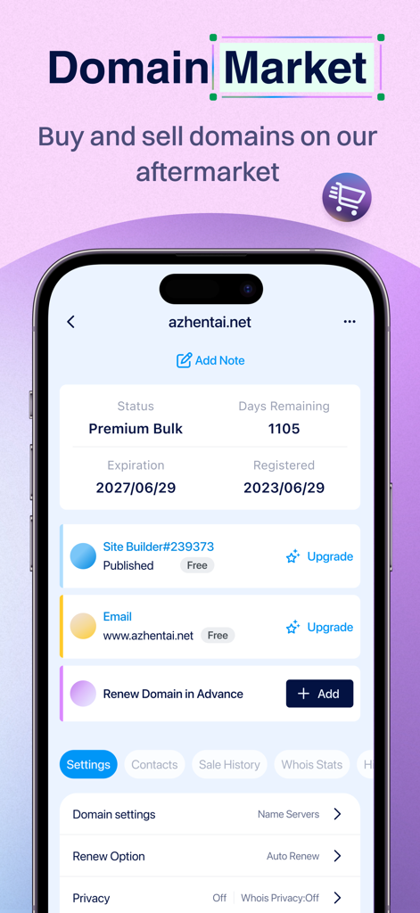 Interfaccia dell'app mobile Dynadot che mostra i dettagli del dominio e le opzioni di gestione del mercato secondario per un sito web registrato
