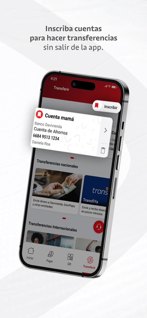 Davivienda - Oberfläche der Davivienda-App, die die Registrierung von Konten für Geldüberweisungen an Familien zeigt