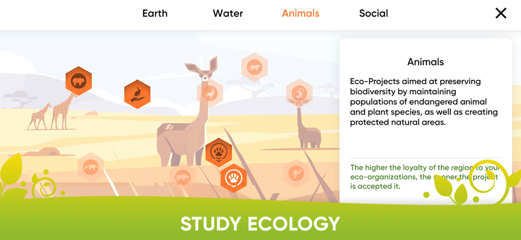 Gameplay screenshot of the Animals section in Eco Inc showing biodiversity and endangered species conservation projects.