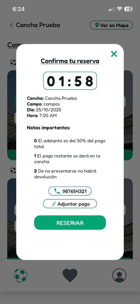 Pichanga App - A mobile screen showing the reservation confirmation for a soccer field in the Pichanga App including booking details and a countdown timer