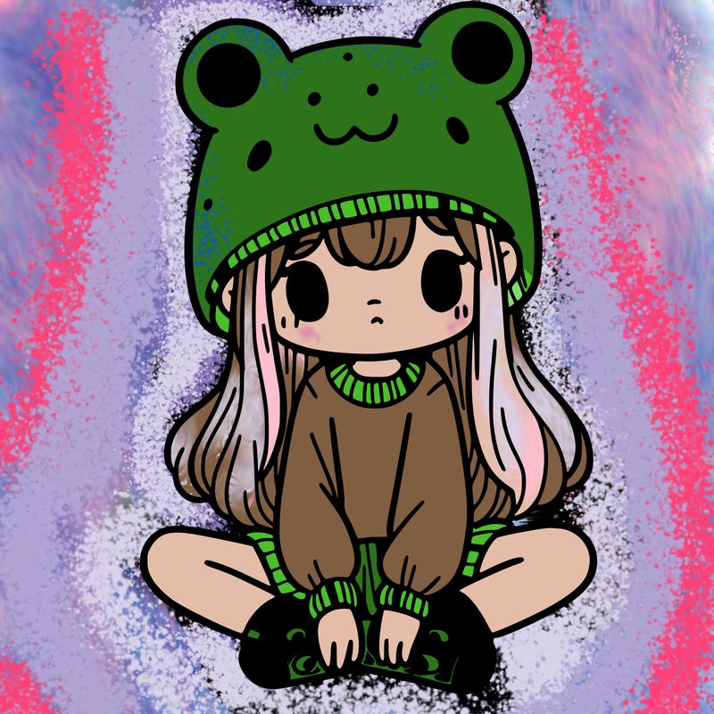a girl wearing a frog hat and some frog socks