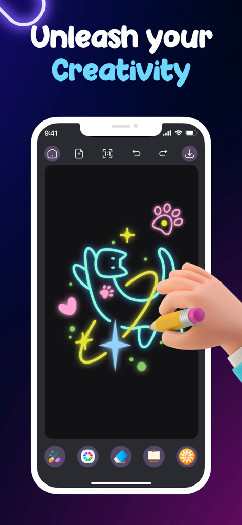 Doodle Magic: Joy Glow Drawing - A hand drawing a glowing neon cat using the Doodle Magic app interface
