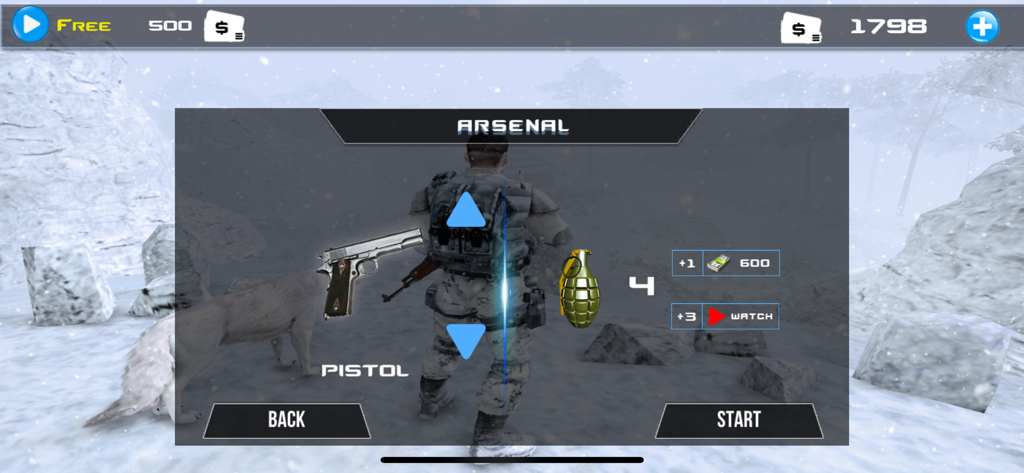 Last Day of Winter: Epic War - Menú de arsenal en Last Day of Winter mostrando la selección de armas con un soldado y un compañero lobo en la nieve