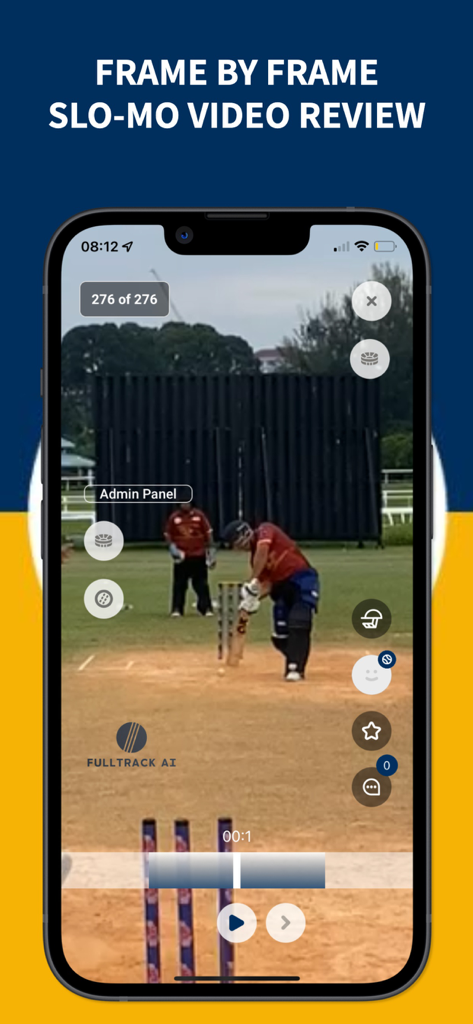 Smartphone screen showing frame by frame slo-mo video review of a cricket player batting using Fulltrack AI