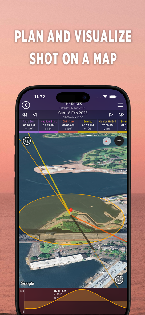 SunIZup - Golden Hour Photos - Aplicativo SunIZup mostrando o caminho solar e os horários da hora dourada em um mapa de satélite para planejamento fotográfico.