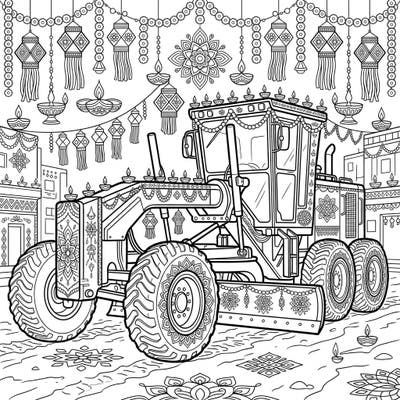 Discover a unique Diwali coloring experience! This page features a powerful motor grader, beautifully adorned with traditional diyas, festive lights, and intricate patterns for the festival.