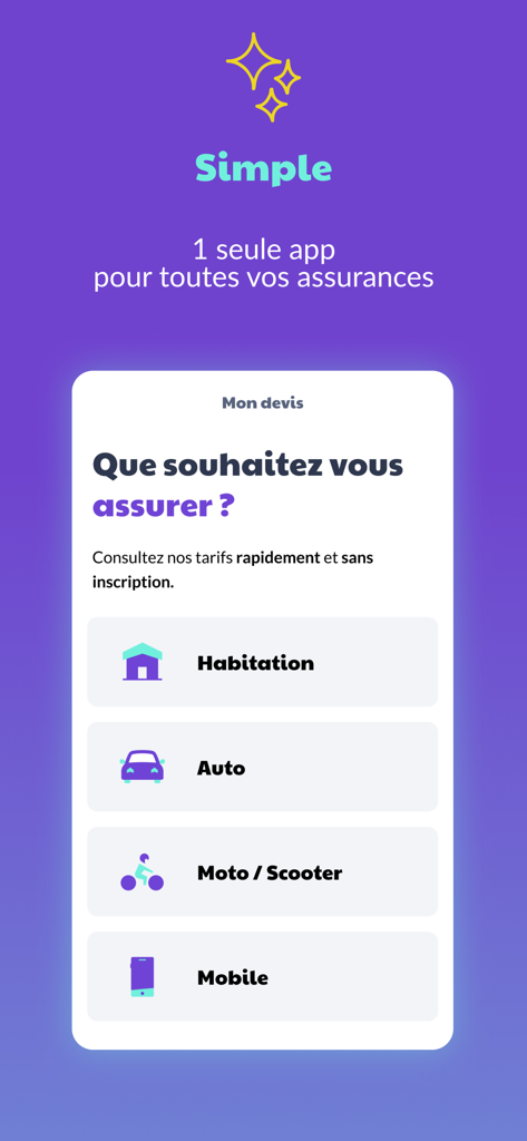 Capture d'écran de l'application d'assurance Leocare montrant les options pour assurer maison voiture moto et appareils mobiles