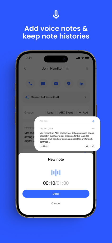 Business Card Scanner by Covve - Interface of the Business Card Scanner app showing the voice note recording feature for a contact
