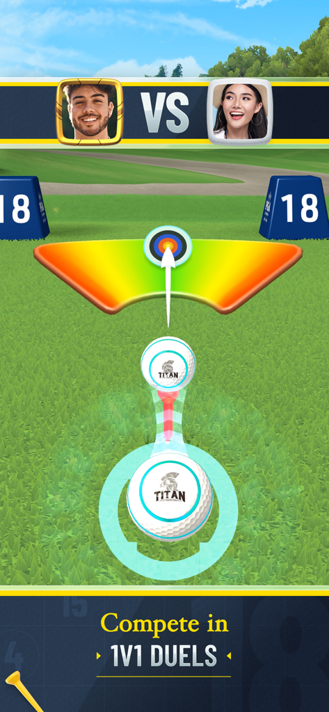 Golf Clash gameplay showing a competitive 1v1 multiplayer duel on a golf course