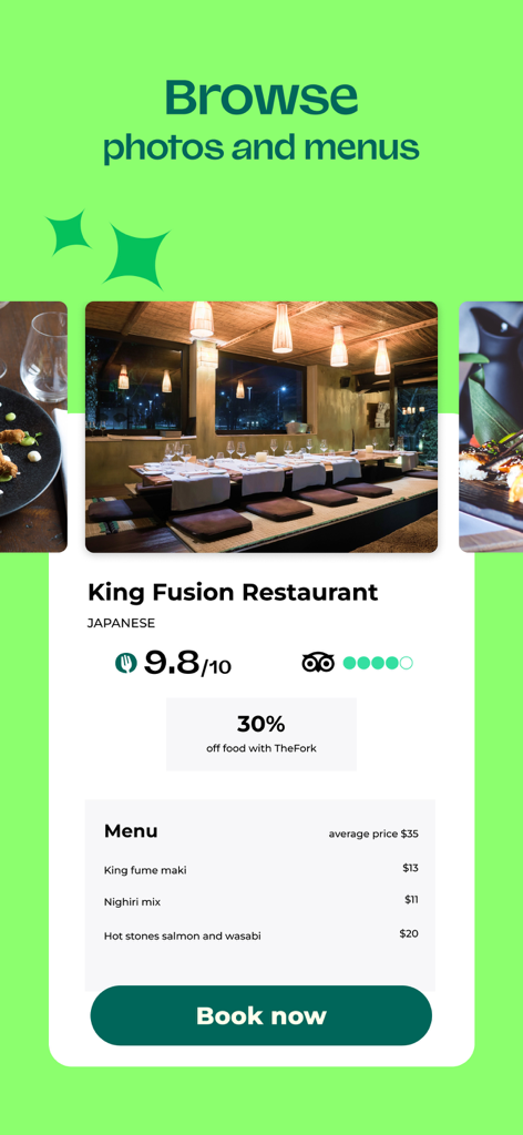 TheFork - Restaurant bookings - A interface do app TheFork mostrando um perfil de restaurante com fotos, classificação, preços do menu e uma oferta de desconto de 30%.