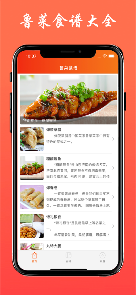 鲁菜食谱 - 八大菜系之山东美食做法大全 - Smartphone screen displaying a list of Shandong cuisine recipes with professional food photography