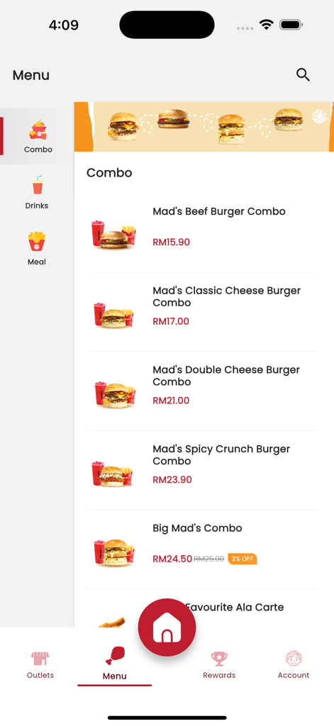 Ahmads Fried Chicken - Ahmad's Fried Chicken mobile app menu screen showing various burger combo deals and prices