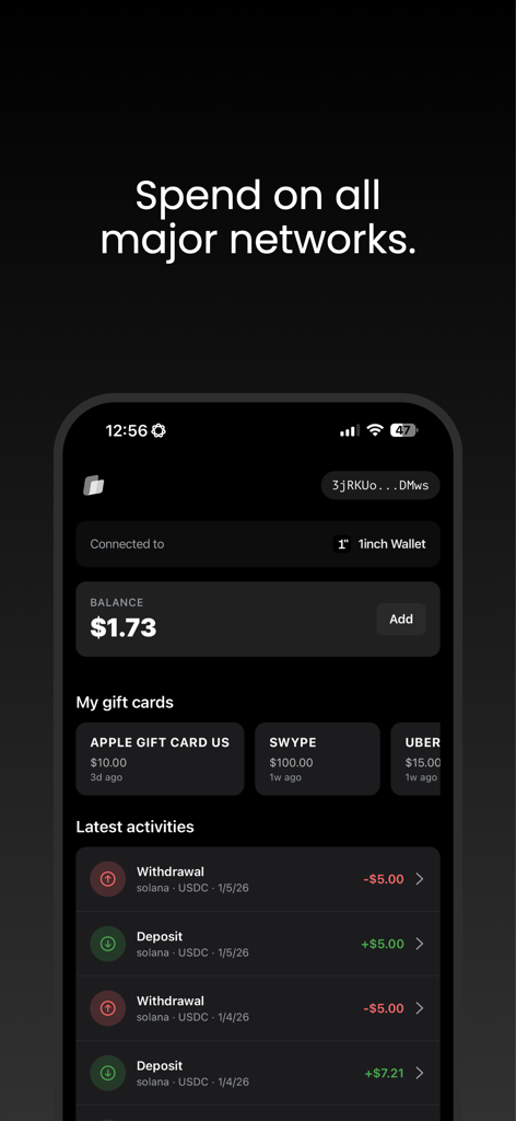 Laso Finance mobile app showing account balance, purchased gift cards, and crypto transaction history.