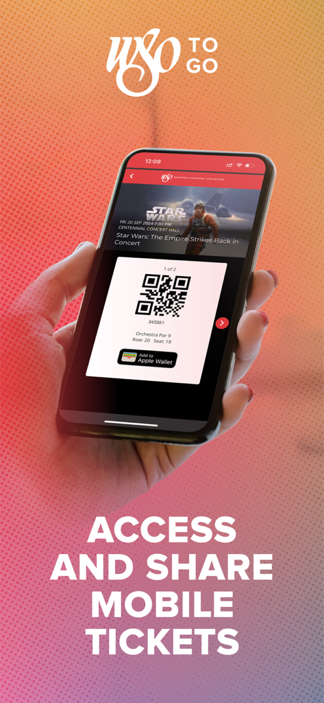 Winnipeg Symphony Orchestra - Hand holding a smartphone showing a digital ticket for a Winnipeg Symphony Orchestra event