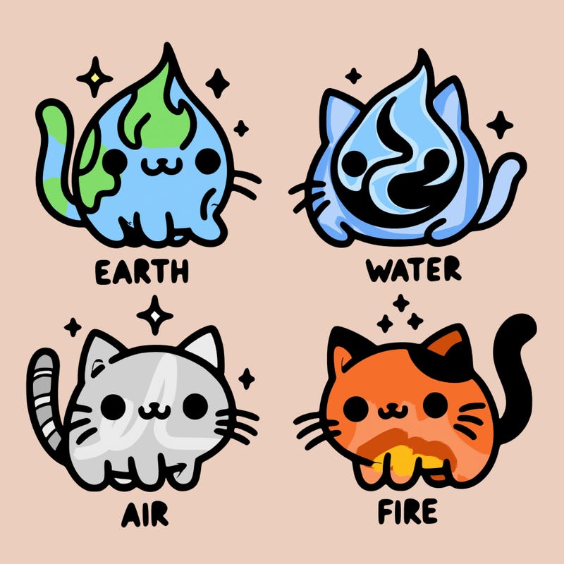 4 cats that represent the different elements, earth, water, air, and fire