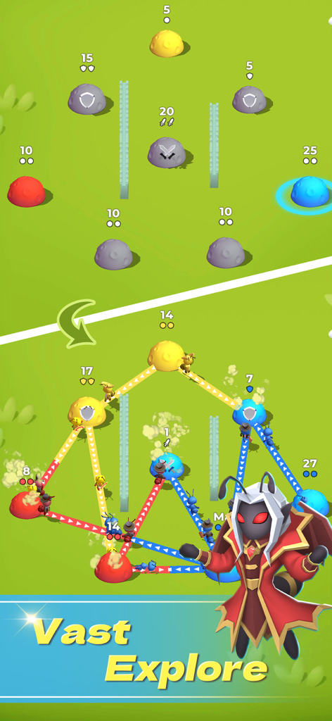 A screenshot of Ant Fight showing tactical tower defense gameplay with different colored ant colonies and strategic paths on a green map.