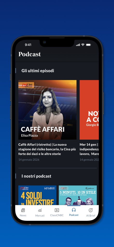 Milano Finanza - Class CNBC - Podcast section of the Milano Finanza app showing financial and investment episodes