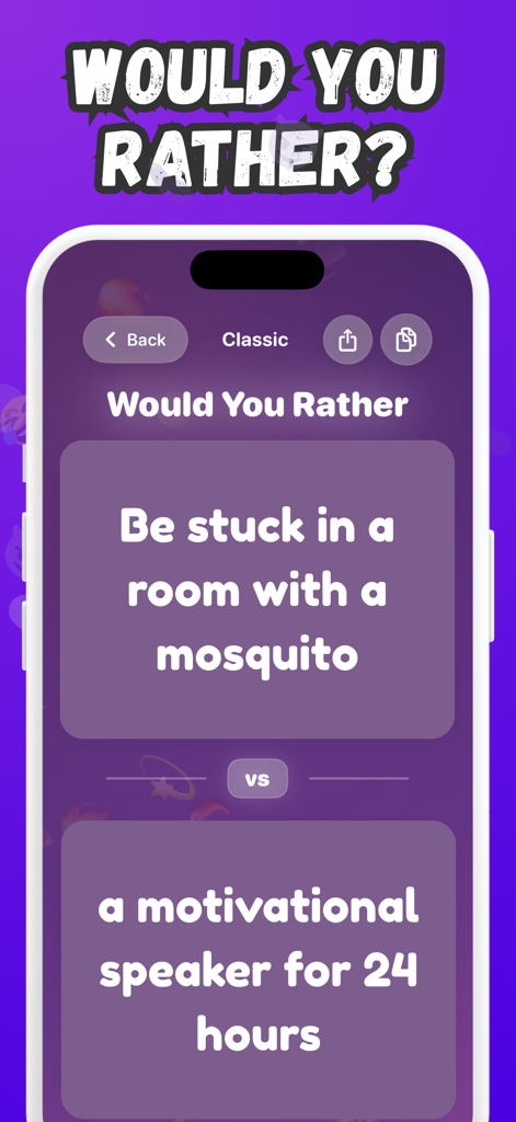 Would you rather? Adults +18 - Tela de smartphone mostrando o jogo Você Prefere Adultos com um dilema de categoria clássica sobre um mosquito versus um palestrante motivacional.