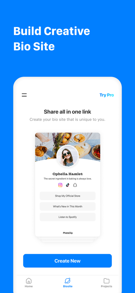 PhotoClip:AI Background Eraser - Interface for building a creative bio site with social media links and profile image