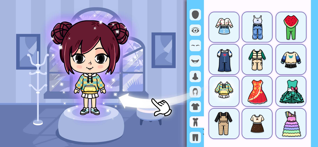 Tizi Modern Home Design Games - Pantalla de personalización de personajes con una niña de dibujos animados y una cuadrícula de opciones de atuendos coloridos en Tizi Modern Home Design Games