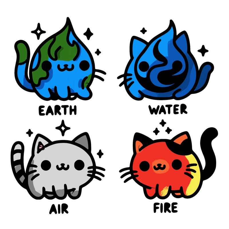 4 cats that represent the different elements, earth, water, air, and fire