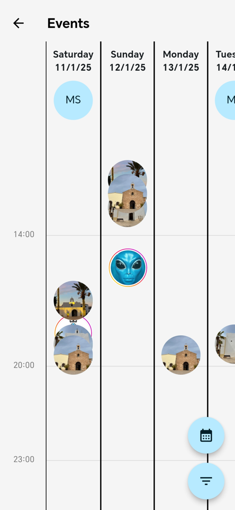 Hola Raffa Formentera - A weekly events calendar view within the Hola Raffa Formentera app showing scheduled local activities and times.