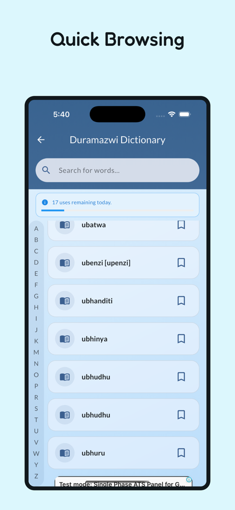 Interfaz de la aplicación Duramazwi Shona Dictionary mostrando la lista de palabras y la navegación alfabética